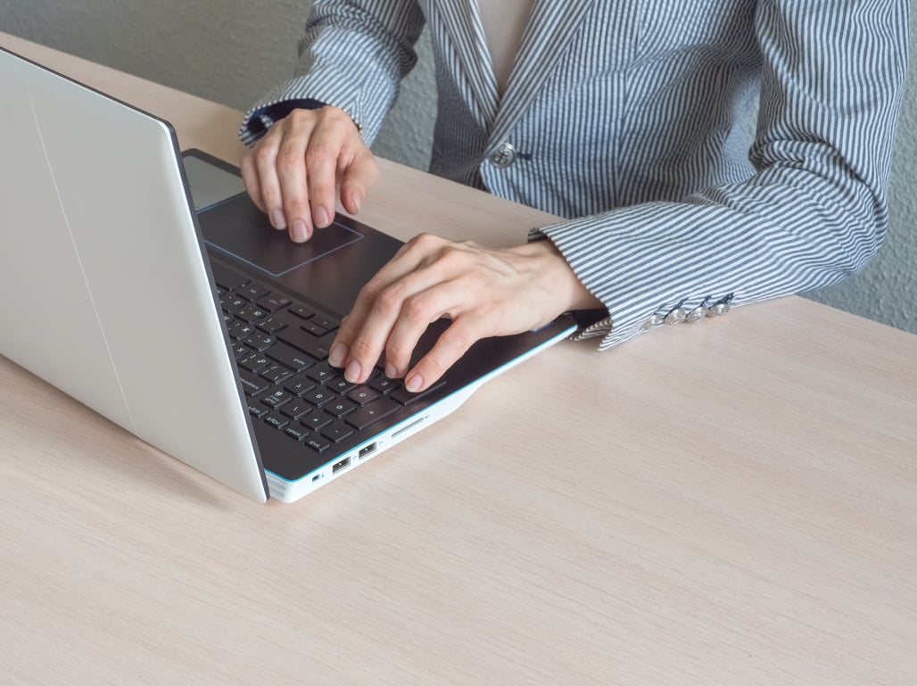 Laptop and girl studying remotely. Online remote job. Girl with laptop computer